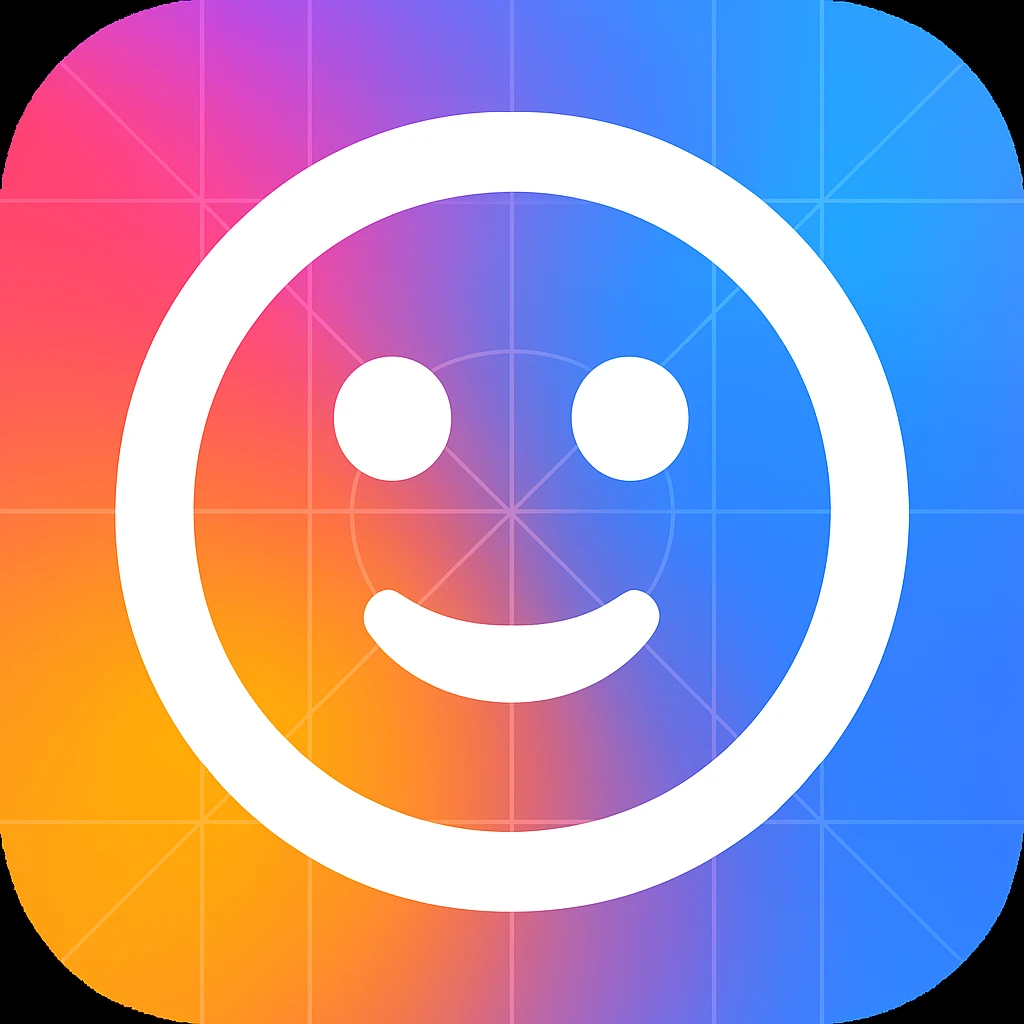 Frame 5: Background is a blend of gradient and blue, some grid lines starting to appear, smiley face unchanged (keyframe for morph animation) emoji