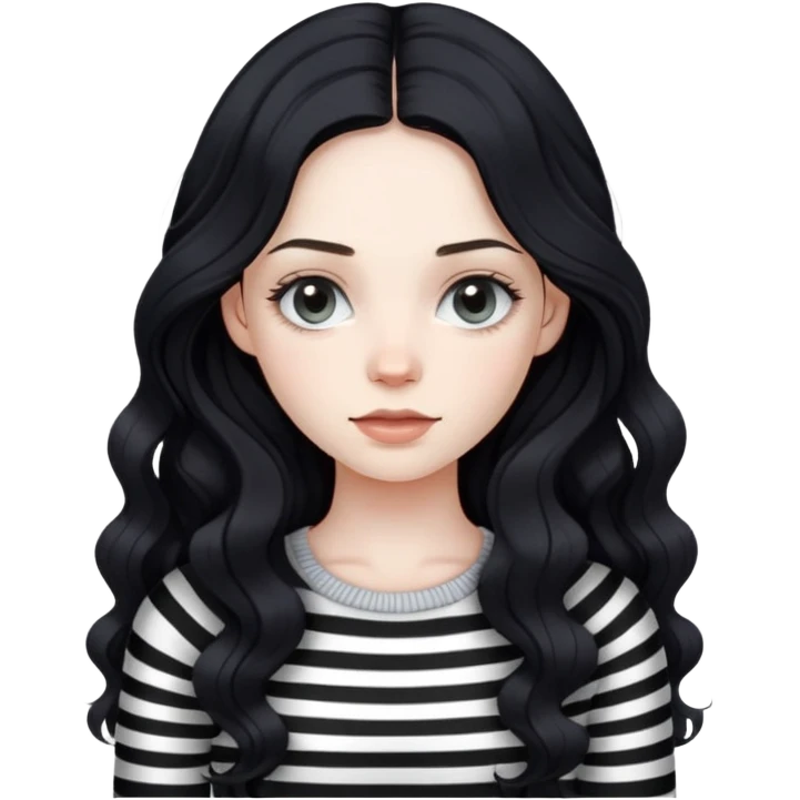 a girl that has pale skin but not too pale, long (a little wavy) black hair, wearing knit long sleeve top with black and white stripes emoji