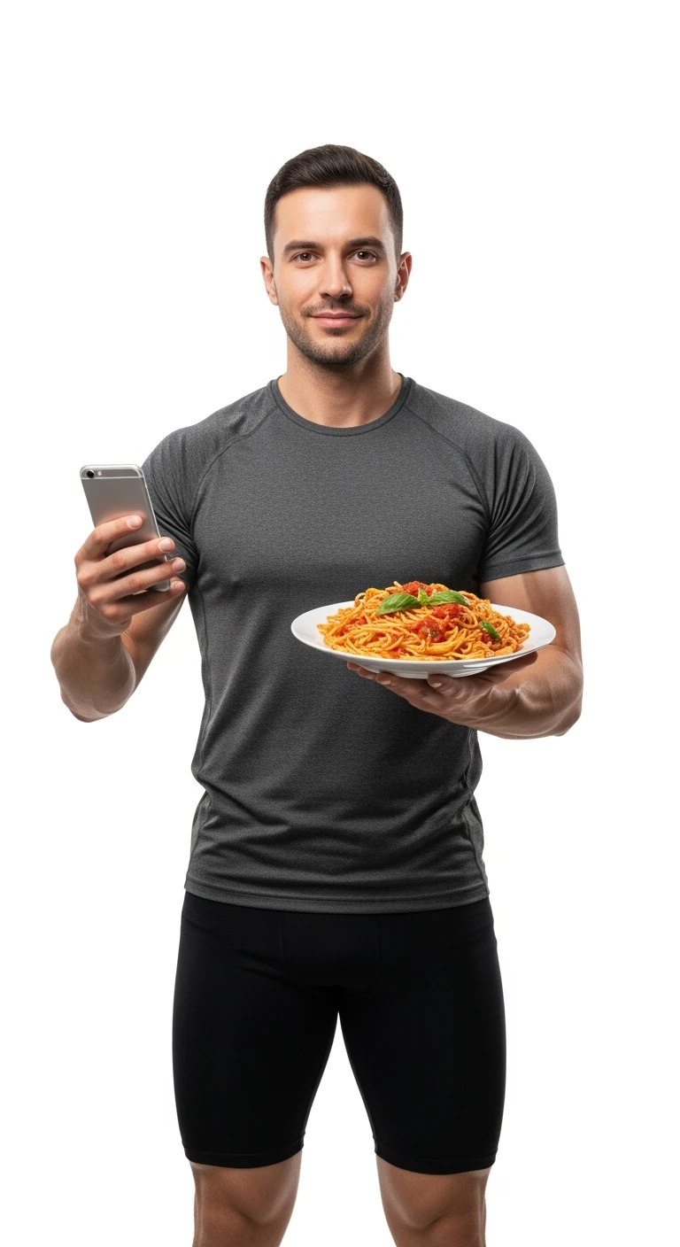 uomo fitness con piatto di pasta in mano e smartphone, sfondo bianco emoji