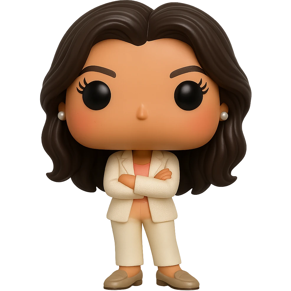 Create a Funko Pop style vinyl figure of Eva Longoria with luminous smooth tanned skin, extremely detailed dark hair, hyper-textured cream blazer, peach top, cream bottoms, small pearly earrings, greige leather loafers clearly visible, arms crossed, rosy cheeks, very discreet freckles, eyelashes, mischievous and cheerful expression, no mouth, transparent background. emoji