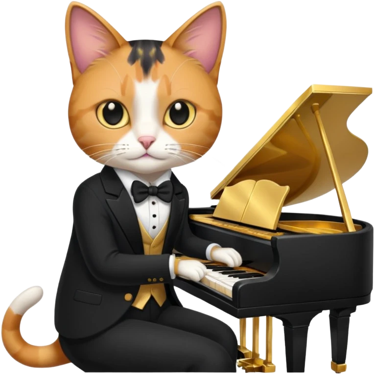 calico cat play gold piano, wear black suit, portrait emoji