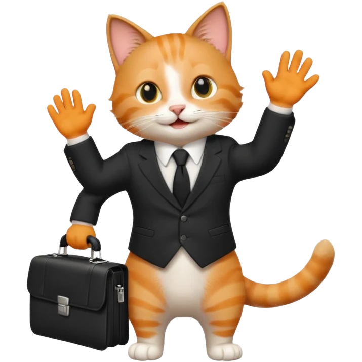happy cat wearing a tie and carrying a briefcase, waving emoji