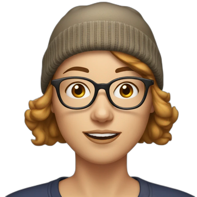 30 year old white woman short light brown hair with a beanie on her heard and glasses emoji