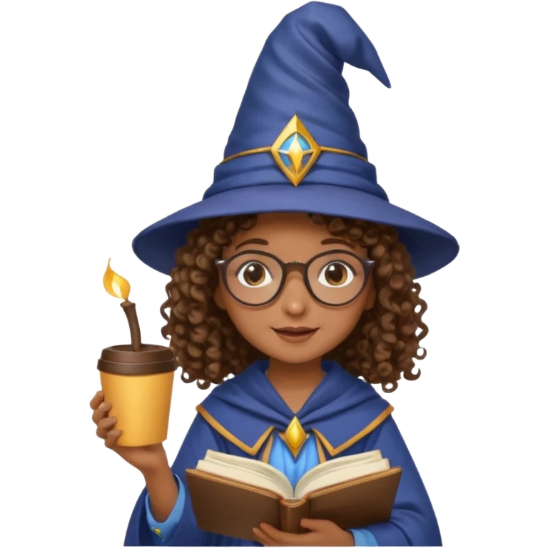 A Joyful child Female with Brown skin and Curly hair, wearing a Traditional outfit, a Wizard hat, Sunglasses, carrying a Spellbook, working as a farmer, while drinking Coffee and reading a Textbook. emoji