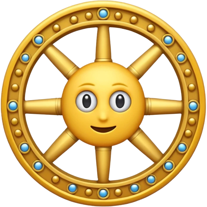 A mysterious, abstract emoji with a wheel shape covered in countless small eyes and intersecting golden rings, resembling a celestial mechanism, iOS emoji style emoji