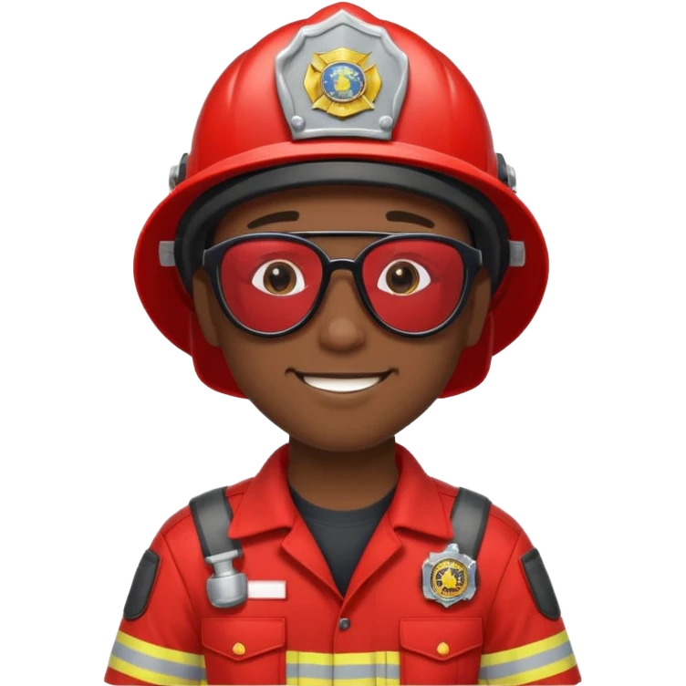 Young, male, dark skin, wearing sunglasses, firefighter uniform, happy emoji
