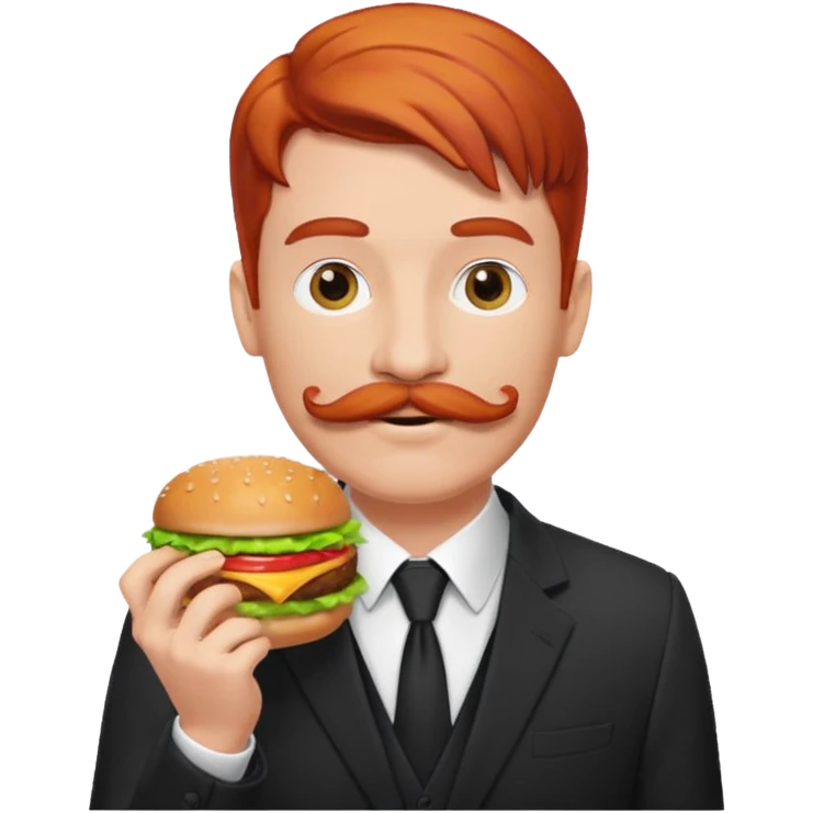 red haired with mustace male wearing suit eating hamburger emoji
