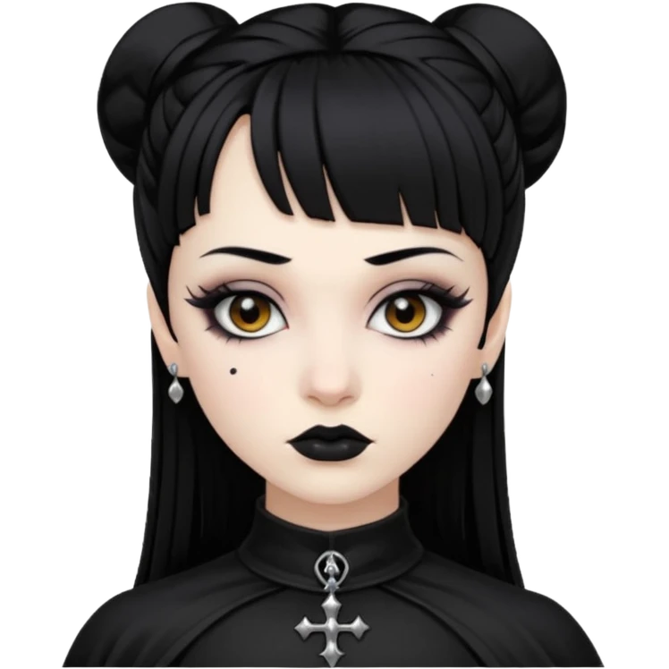 Faça uma moça de cabelo preto e micro franja pálida e com maquiagem gótica pesada olhos castanhos escuro  emoji