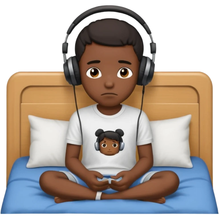 Sad black kid with headphones on sitting on a bed emoji