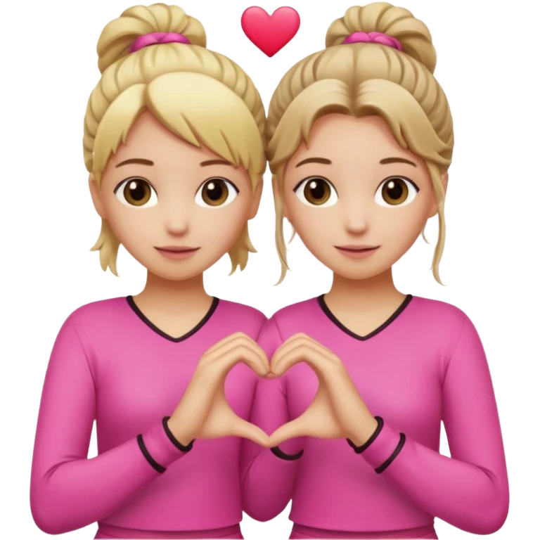 Two best friends making a heart shape with their hands together. One of them has blond hair which is shower and the other has brown hair tied up. They are both wearing pink outfits. emoji