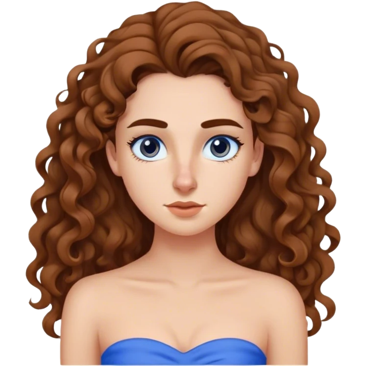 menina branca de cabelo cacheado castanho longo,  com nariz fino e empinado  com uma blusa tomara que caia azul ,sobrancelhas marcantes emoji