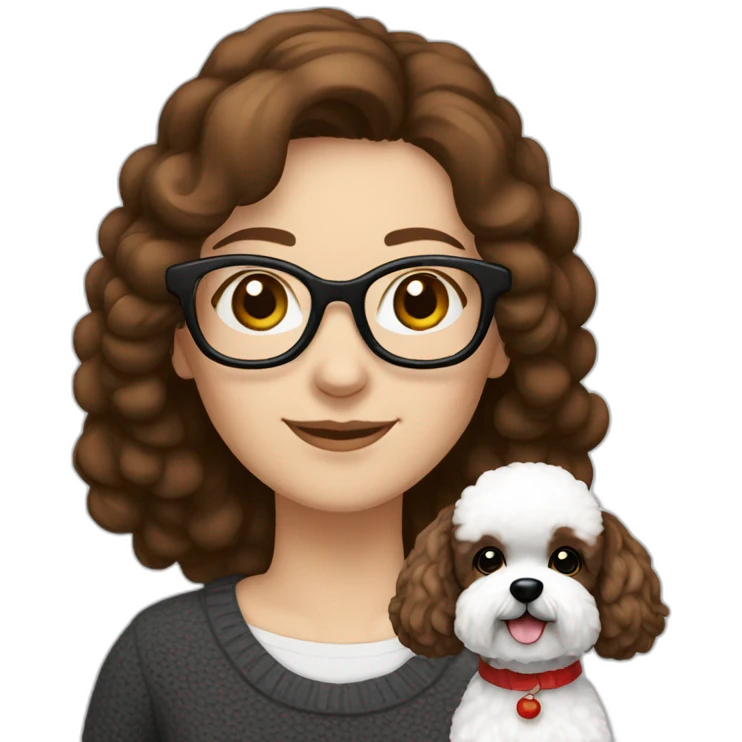 woman-white skin-brown hair-black-with glasses bichon dog-white-smile-christmas emoji