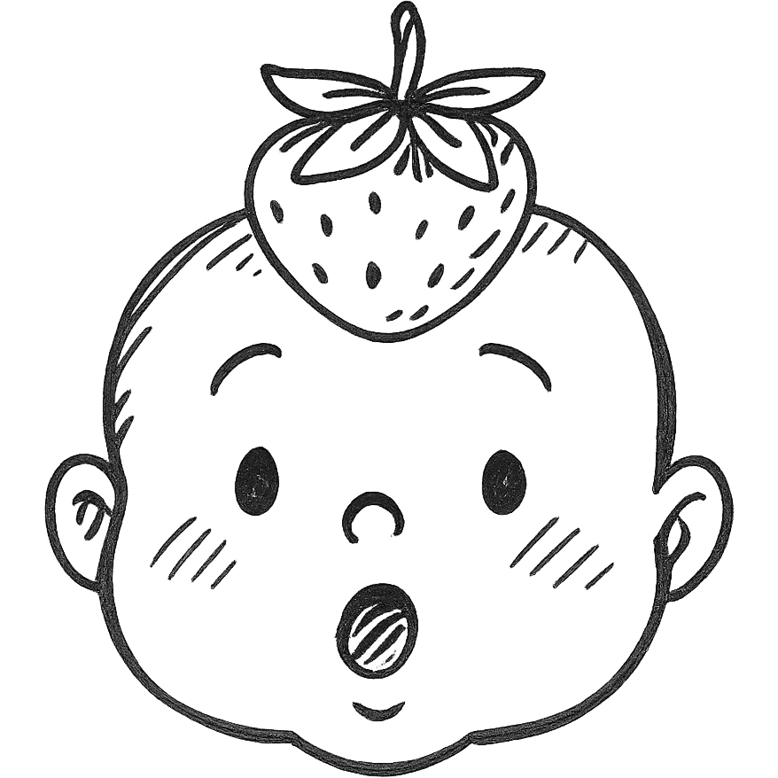 Q-version hand-painted baby face, soft pink skin, strawberry leaves and small strawberry headpiece, only head, surprised or happy expression emoji