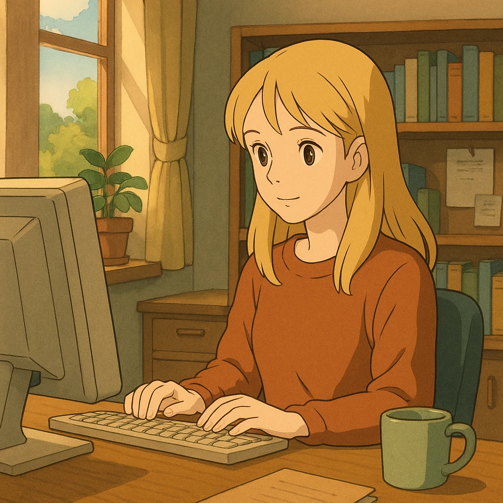 brown-eyed blonde young woman working on a computer in a cozy office emoji