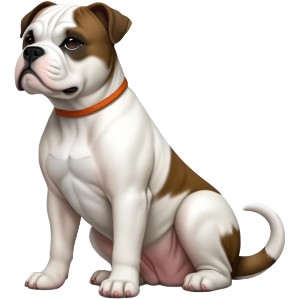 cinematic-[american bulldog]-realistic-full-body-sitting-emoji,-tail-resting-loosely-beside-its-paws,-head-tilted-dramatically,-sleek-[pied black]-fur,-simplified-yet-realistic-focused-features,-highly-detailed,-glowing-with-an-almost-sarcastic-glow emoji
