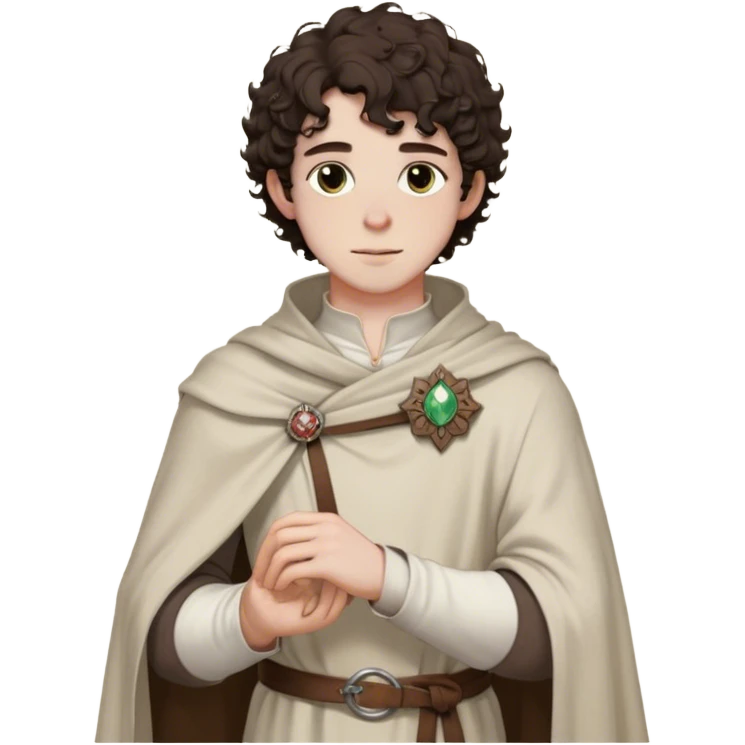 medieval spring outfit worn by a DnD themed fantasy male character. thin wool tunic with a light cloak draped over one shoulder, secured by a wooden brooch. clothes only above the waist. The clothes full waist. The character's haven't arms. character is white-skinned, dark brown hair, hazel eyes, short curly hair. emoji
