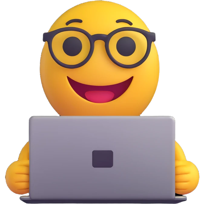 3D smiley emoji, circular shape, IT specialist with glasses holding a laptop, smiling face emoji