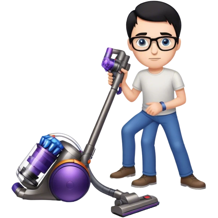 Man with black hair and blue eyes with glasses using a dyson on the floor emoji