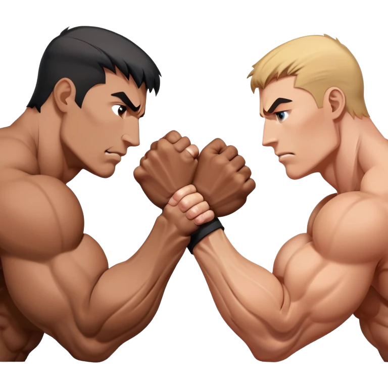 Two hands locked in an intense arm wrestling match, muscles straining as they battle for dominance. The background is minimal, focusing on the power and tension of the gripping hands, showcasing strength and determination. Transparent background. emoji