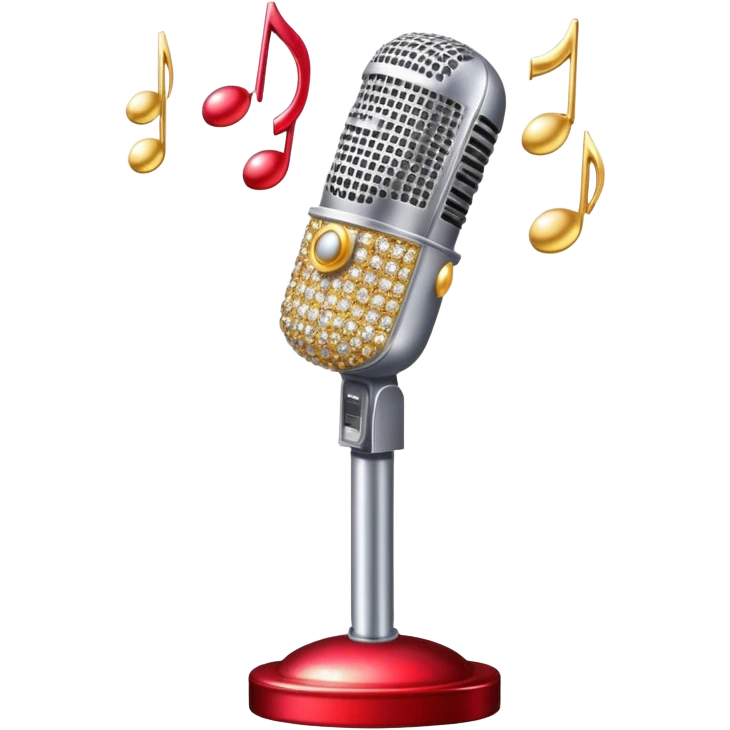 Create a glamorous and eye-catching emoji representing stage vocals, featuring a vintage stage microphone as the central element. Surround the microphone with a vibrant, sparkling stage costume covered in rhinestones, capturing the essence of a classic stage performance. The costume should be flashy, with shiny accents and a dazzling effect to evoke the energy and elegance of a live performance. Add subtle musical notes floating around to emphasize the connection to singing. Use bright, bold colors like gold, silver, and deep reds, along with glittering details to create a luxurious and dynamic atmosphere. The background should be transparent. emoji