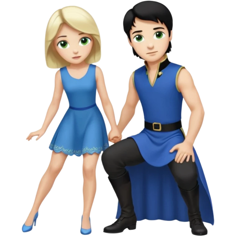 prince, black hair, blue eyes, blue garment,  Woman, blonde Hair, green eyes, bending knee, sleveless white dress, emoji