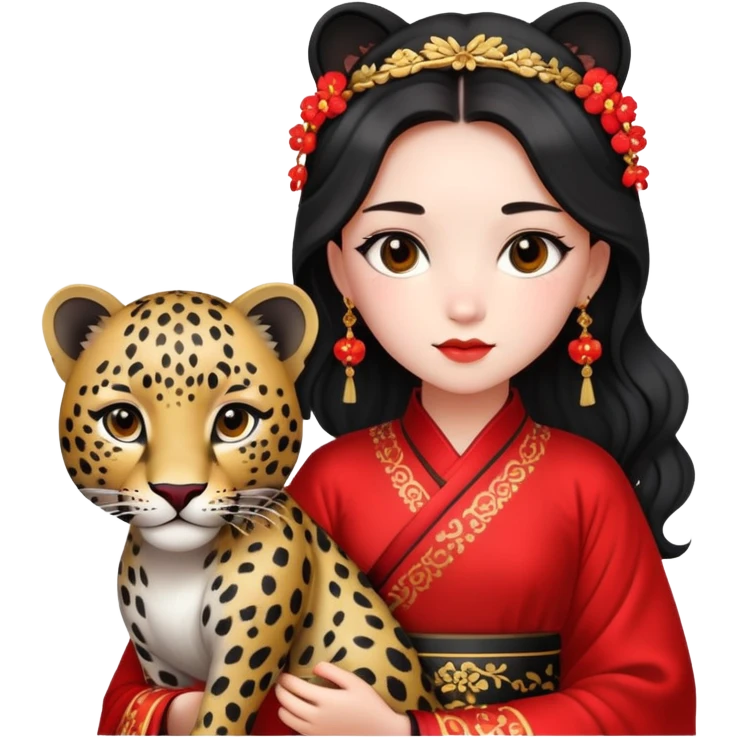 A beautiful girl in red Hanfu wedding dress is holding a black leopard emoji