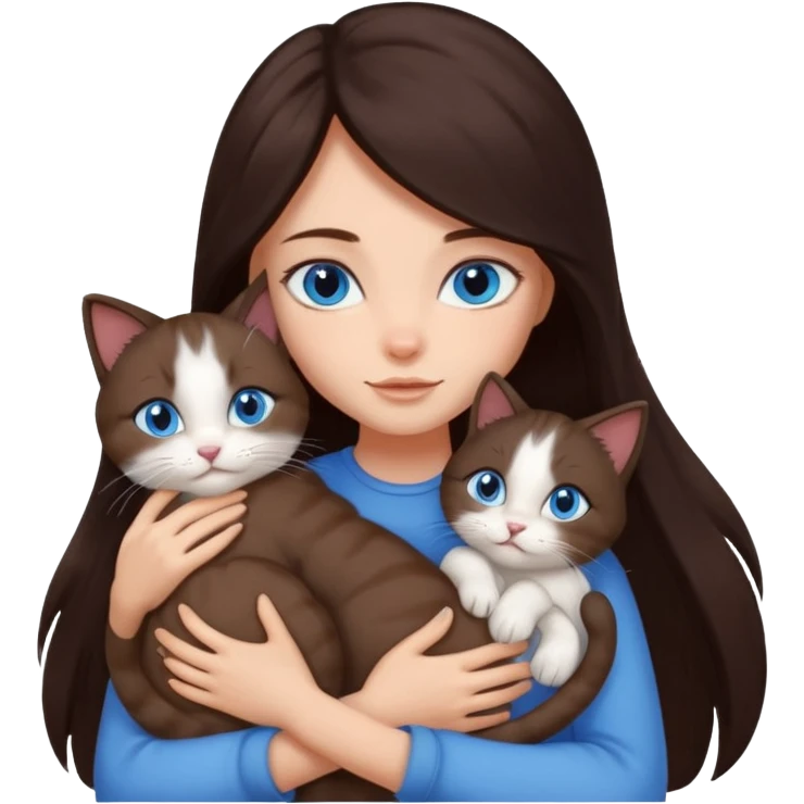 a girl with long dark 
brown hair, with blue eyes, hugs 3 different natural coloured cats emoji