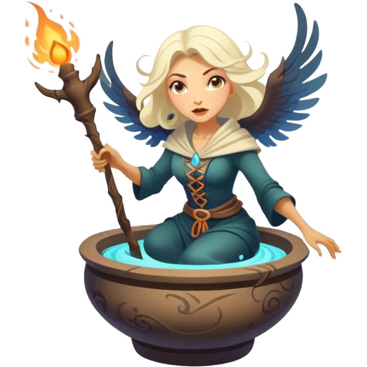 Baba Yaga sorceress woman flying in a mortar, magical aura emoji