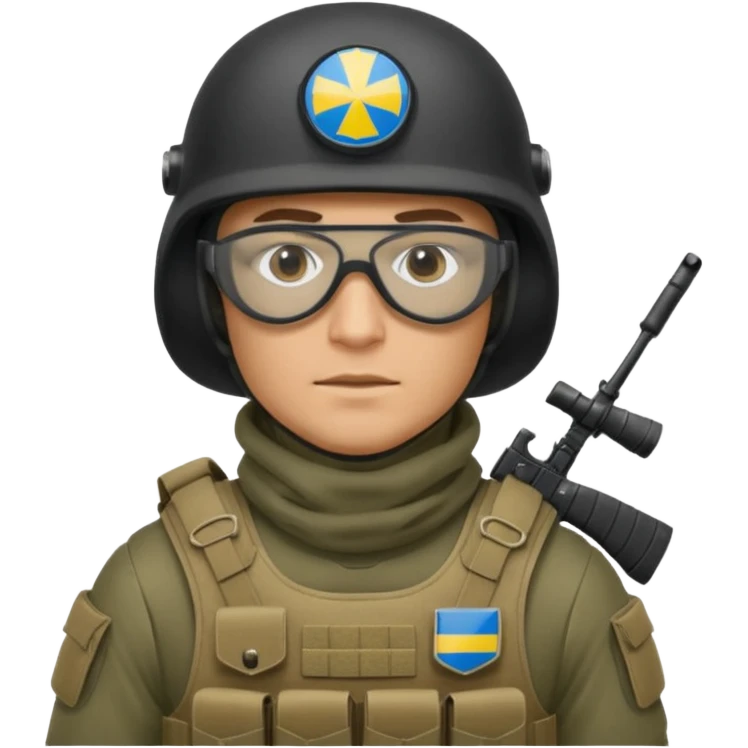 Ukrainian Intelligance agency warrior man in platecarrier with nato riffle in helmet, balaclava, poncho and ballistic glasses emoji