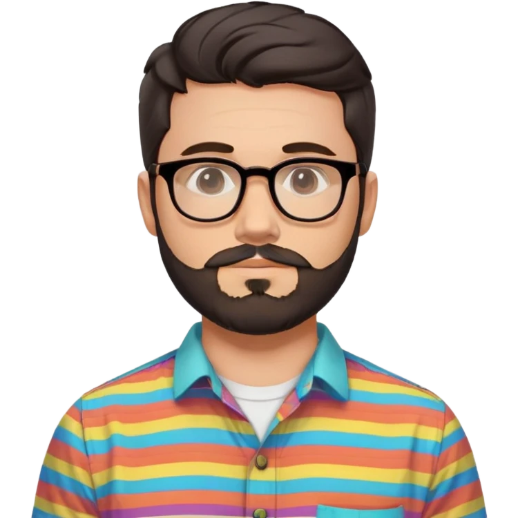 a 30-year-old man with light skin, medium solid build, wide face, soft cheeks, rounded jawline, neutral relaxed expression, short dense full beard, wavy voluminous brown-black hair at the front, large rectangular black thick frame glasses, colorful button-up shirt open showing white t-shirt emoji