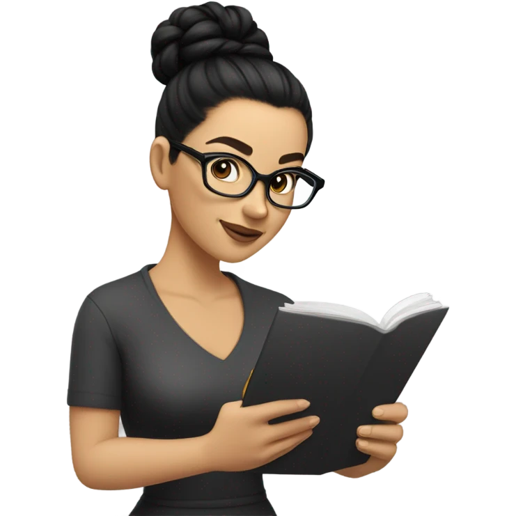 A white caucasian woman with Black hair with tophead bun, she has glasses, she is writing a note on her notebook, we can see her pencil while writing emoji