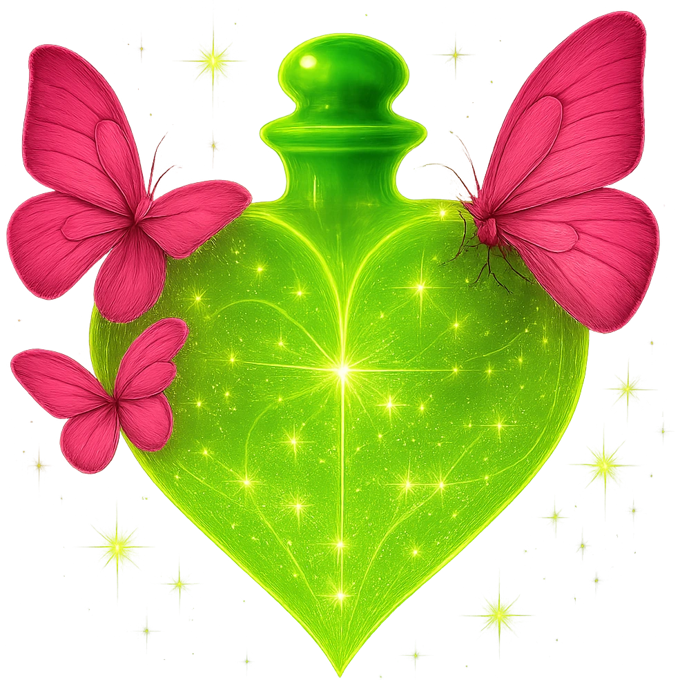 Make the entire bottle and butterflies glow much more intensely, with a very strong, radiant, magical neon shine. The glow should be especially bright around the bottle and butterflies, emphasizing the #c0ff53 color and pink butterflies. Keep the background transparent and all other details the same. emoji