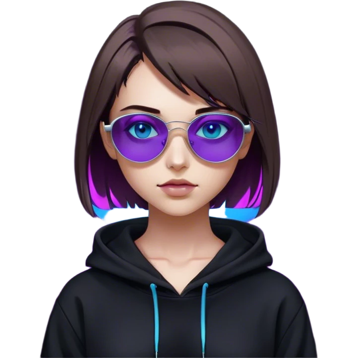 
girl with brown bob and blue eyes in a black hoodie and sunglasses. Cyberpunk style. Violet neon. emoji