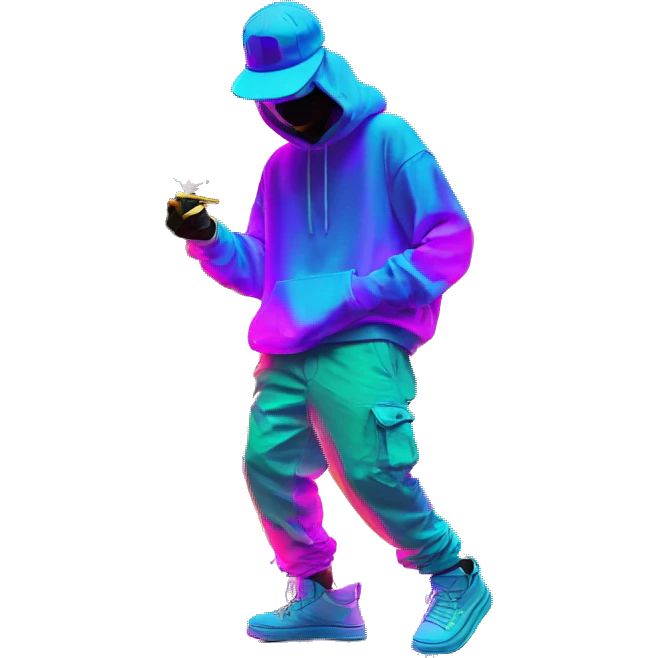 Multicoloured neon person smoking wearing hoodie dancing hip hop bucket hat tropical Skater fashion aesthetic baggy clothes graphic t shirt 420 emoji