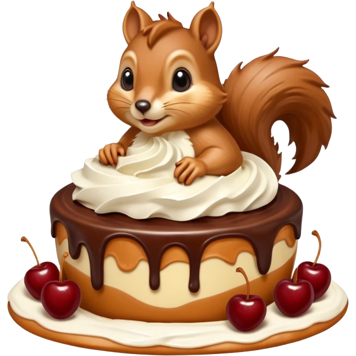 A large caramel custard decorated with chocolate and almonds to resemble a squirrel. Whipped cream with streaks of chocolate forms the shape of the squirrel's tail. It is topped with a cherry. emoji