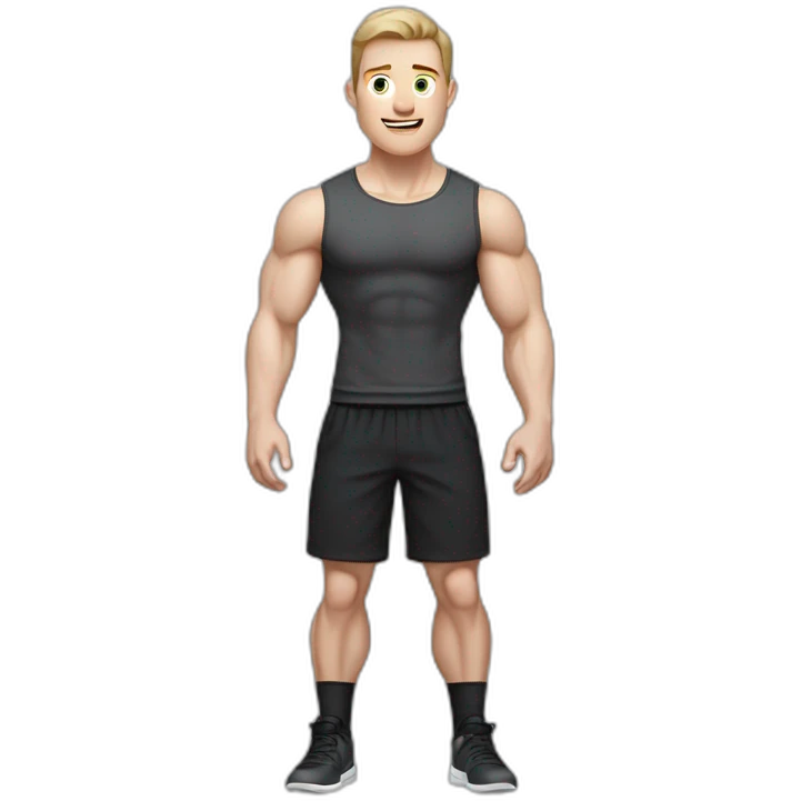 amazed Pale skinned Fit Man With the biceps and dark brown hair in black shirt, gray sports shorts and white Sneakers emoji