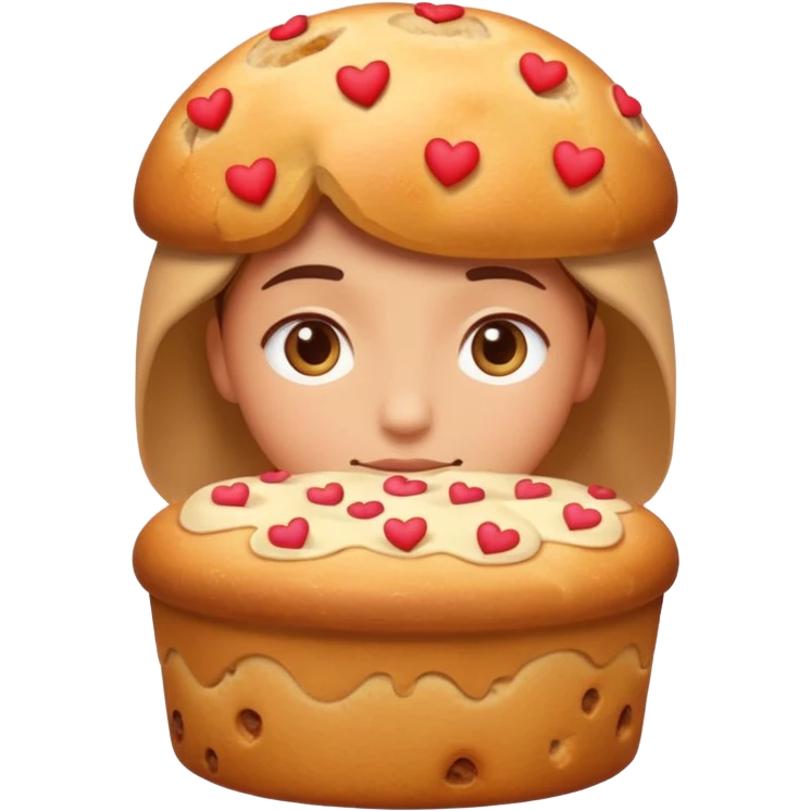 Apple-style emoji illustration of a person with dreamy eyes thinking of a traditional panettone, small hearts floating around, soft 3D emoji style, smooth gradients, rounded shapes, warm festive colors, simple expression, centered composition, transparent background, no text. emoji