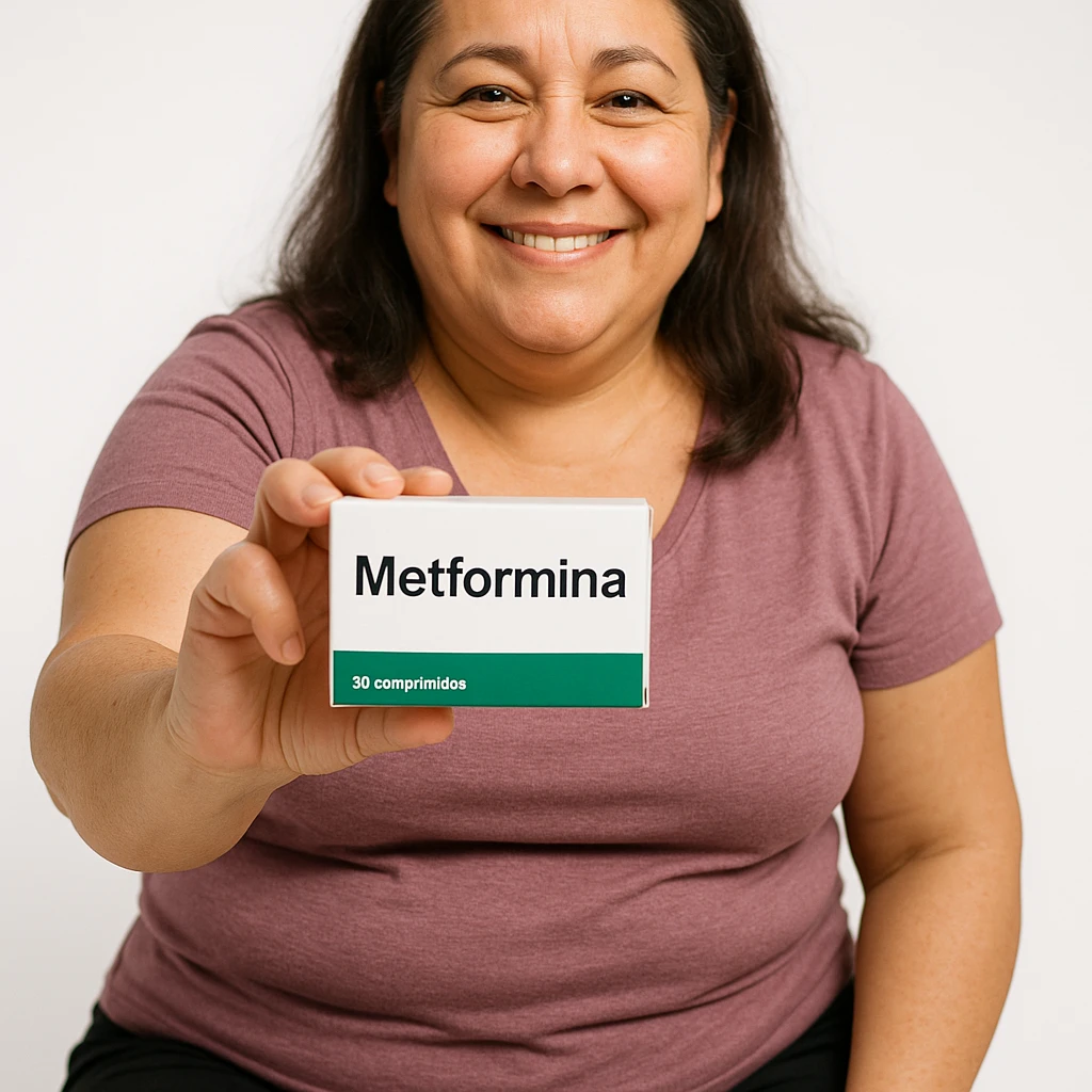 Hyperrealistic 4K vertical 9:16 image of a slightly overweight woman sitting, showing a box of Metformin towards the camera with the word 'Metformina' clearly visible and realistic, positive expression, white isolated background. emoji