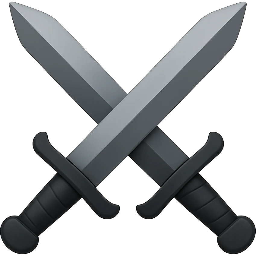 Create dual swords similar to the reference image but with black and grayish colors. The swords should be pointing upward and be wider. The style should emulate emoji style with concise details. emoji