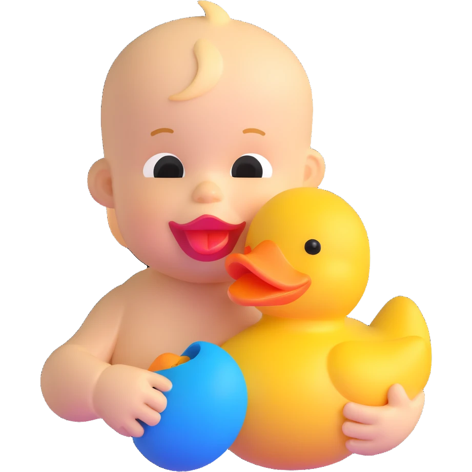 baby boy biting rubber duck toy emoji