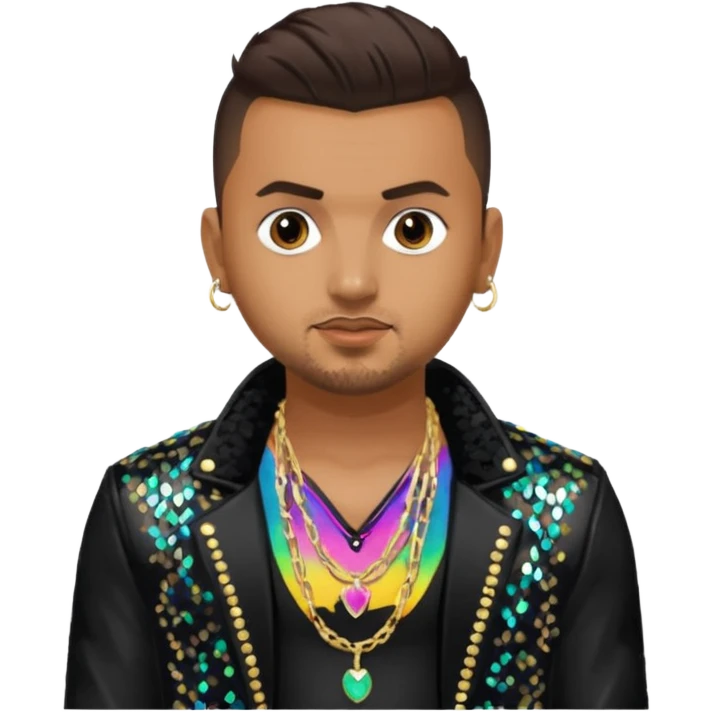 Sean Paul with dark brown hair, black sequin jacket, shirtless with necklace emoji
