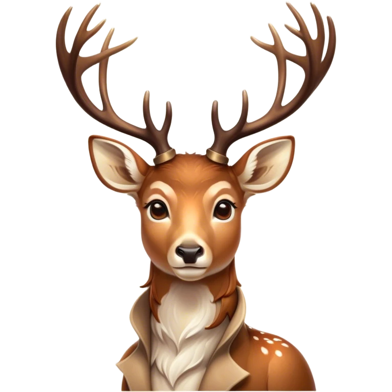 Cinematic Noble Deer Portrait Emoji, Poised and regal, with a graceful, slender build and a dappled coat of warm browns and creams, elegant antlers crowning its head, deep-set soulful gentle eyes, Simplified yet sharp and sophisticated features, highly detailed, glowing with a soft, dignified glow, high shine, intelligent and serene, stylized with an air of forest majesty, focused and attentive, soft glowing outline, capturing the essence of a watchful woodland guardian, so majestic it feels as though it could gracefully leap out of the screen with effortless authority! emoji