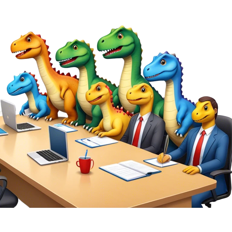 different office dinosaurs sitting along the conference table emoji