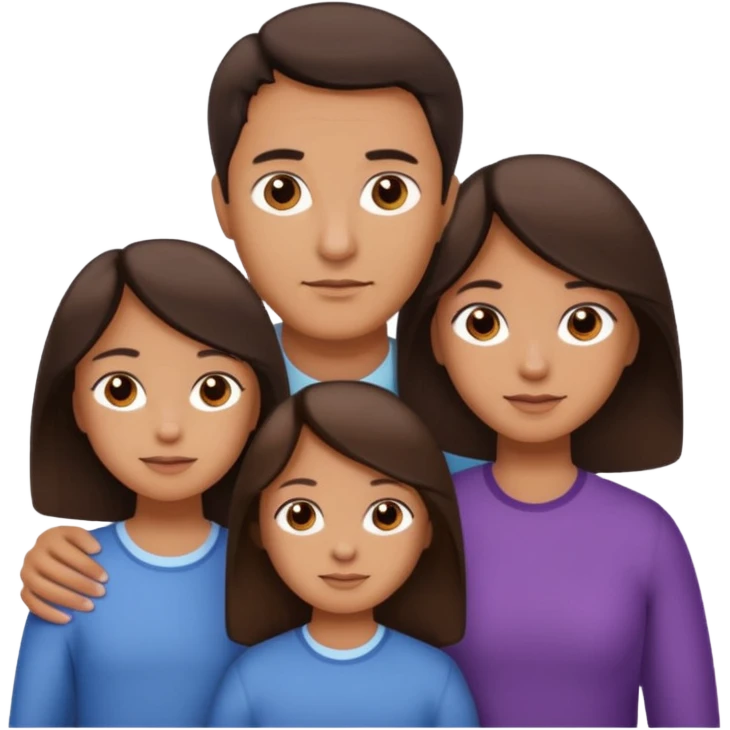 Family portrait with father with dark brown hair and black eyes, mother with light brown hair and brown eyes, three brown little girls with brown eyes emoji