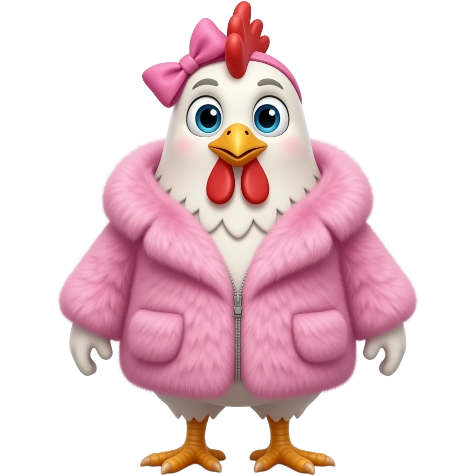 chicken in pink fur coat with bow on its head emoji