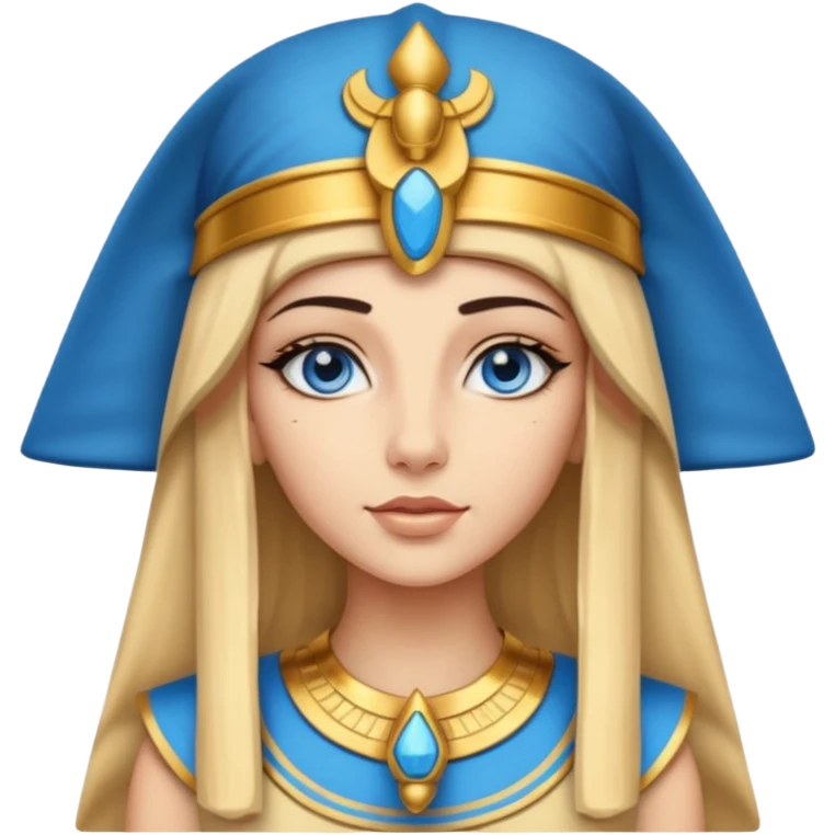 Cleopatra vestita da faraone con il cappello da faraone ma con gli occhi azzurri e i capelli lunghi biondi non troppo chiari emoji