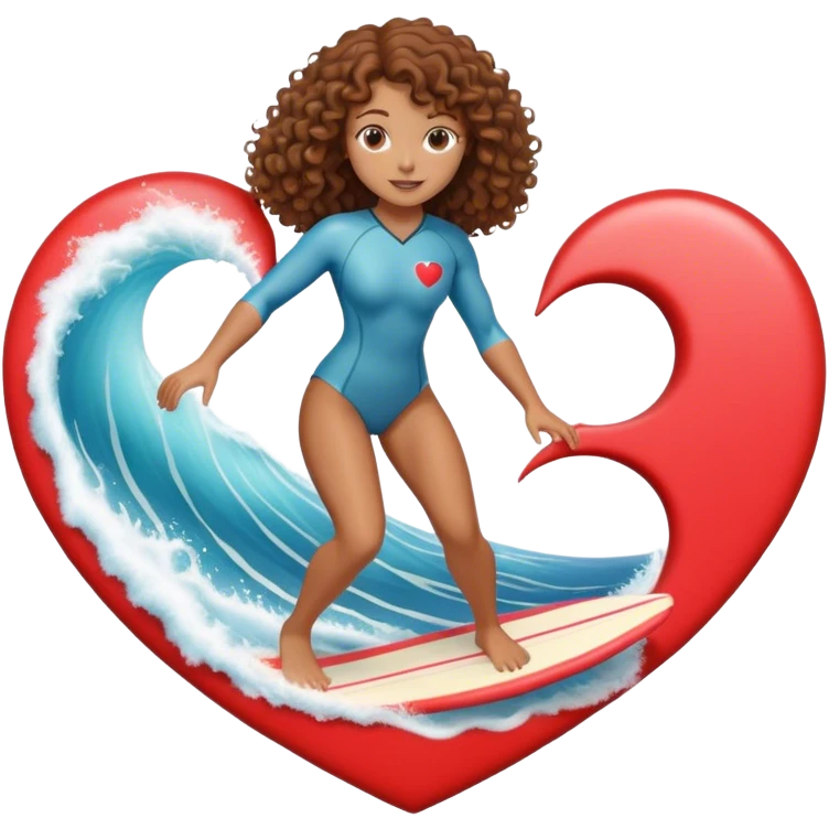 Woman with brown curly hair surfing wave in 3d heart emoji