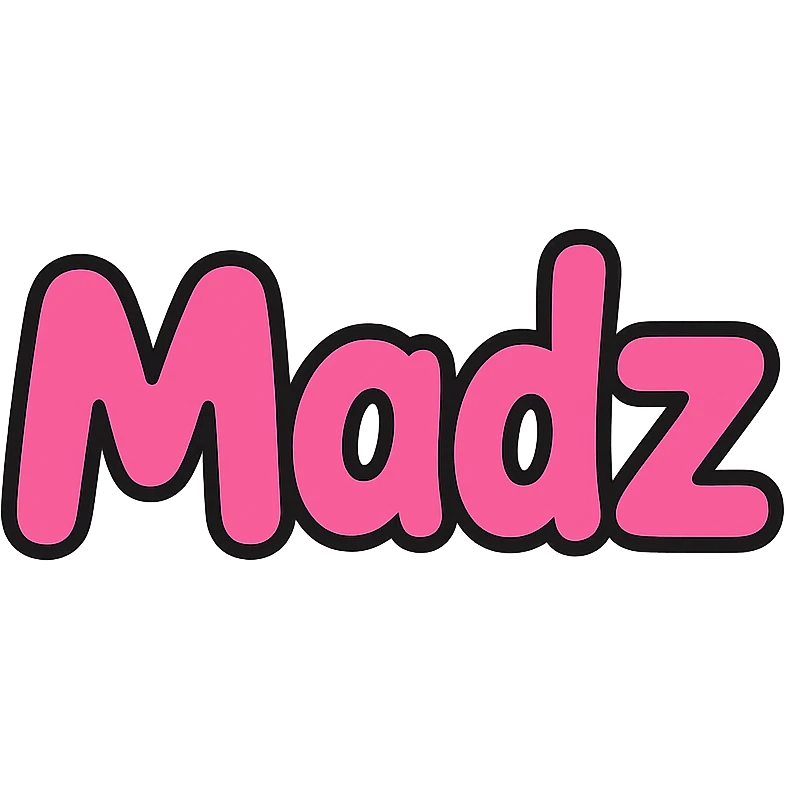 pink logo with the word 'Madz', playful rounded font, square format emoji