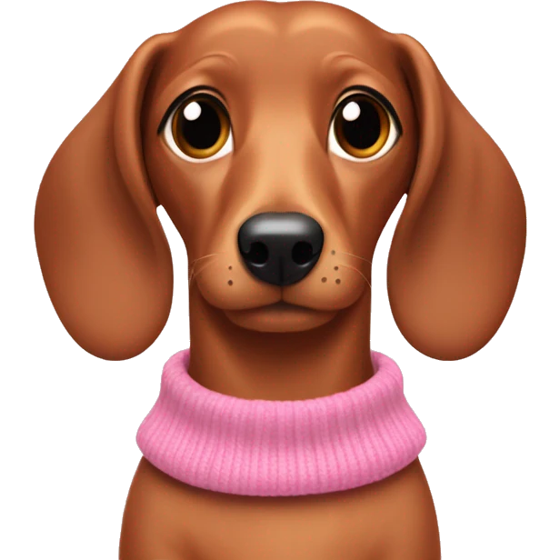 Light brown sausage dog wearing a pink sweater that says Neeharika emoji