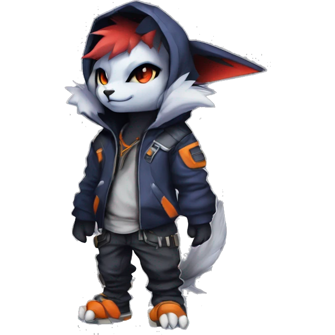 Cool Dark Anthro Chibi Absol-Noivern-Litten-Lynx-Pokémon with edgy stripes hoodie spiked collar punk techwear Cargo Pants Full Body emoji